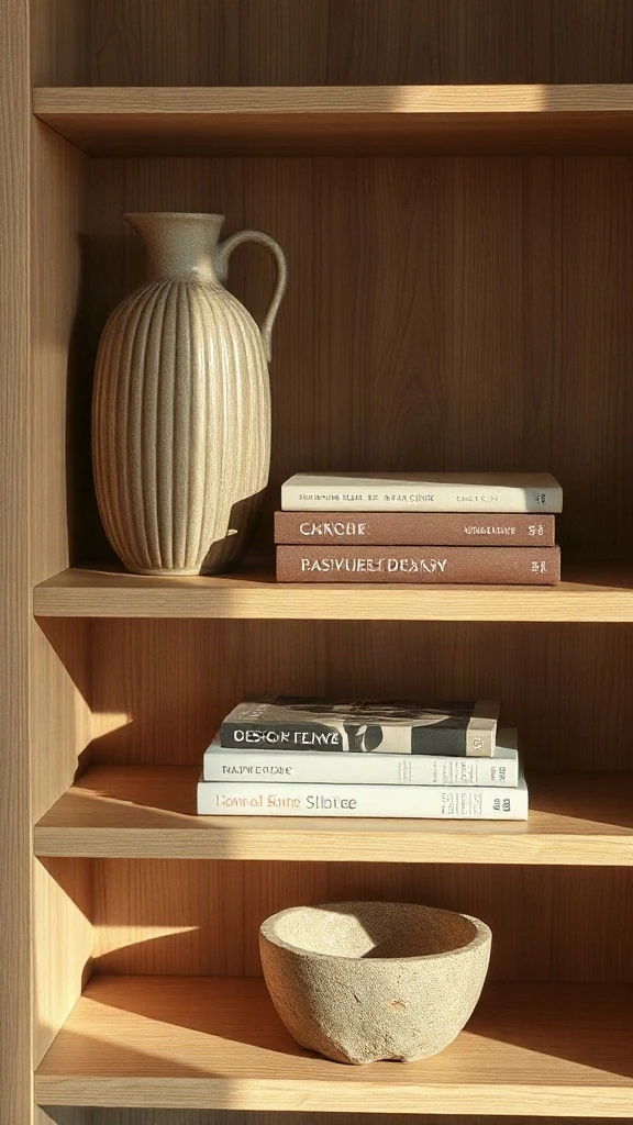 Unglazed ribbed ceramic jug and hand-formed stoneware displayed on natural wood open shelving. - Inviting Home Design