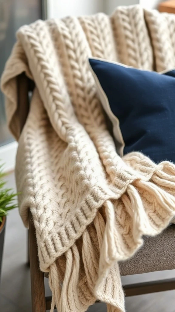 Cozy porch seating styled with a navy striped outdoor cushion and chunky knit beige throw blanket.