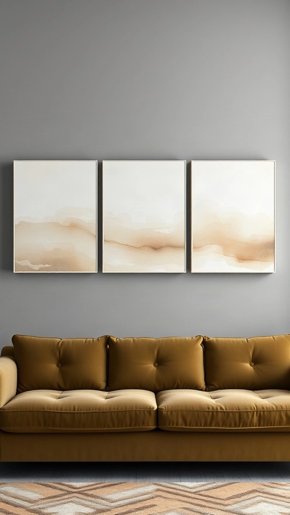 Three-piece abstract neutral canvas triptych mounted above an olive green velvet sofa on a gray wall.