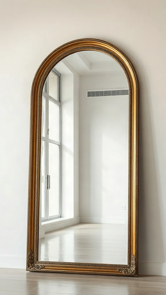 Massive arched antique brass floor mirror leaning on an expansive off-white living room wall.