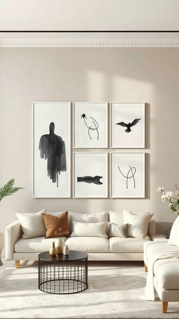 Symmetrical 3x3 gallery grid with oversized white frames and wide matting on a pale greige living room wall.
