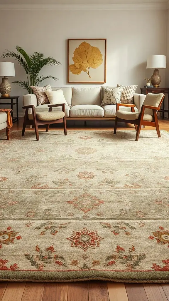 Expansive hand-knotted wool Oushak rug in faded tones anchoring a living room.