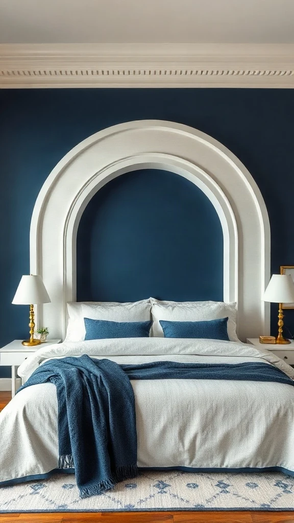 Soft painted geometric navy arch accent wall framing a curved white boucle headboard - Navy Blue Bedroom