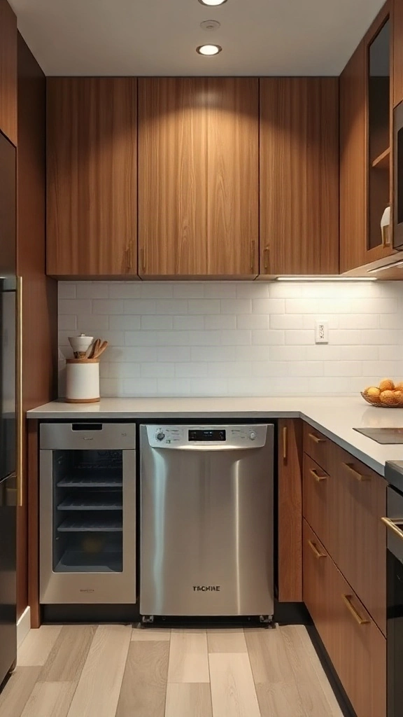 Warm wood panel-ready compact appliances conceal a dishwasher and fridge in a small studio kitchen. - Studio Apartment Kitchen