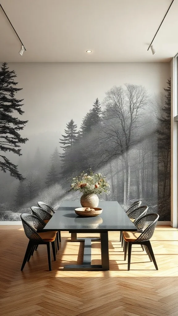 Floor-to-ceiling monochrome grisaille scenic forest mural wallpaper spanning a large dining room wall.