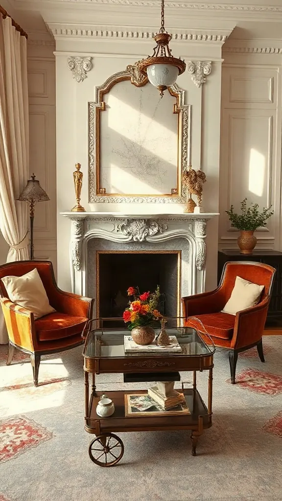 Carved marble fireplace mantle and inlaid wood chess table in Parisian spare room.