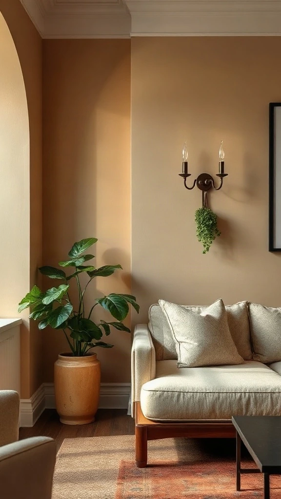 Patinated unlacquered brass cabinet pulls and vintage bronze sconce against creamy plaster walls. - Inviting Home Design