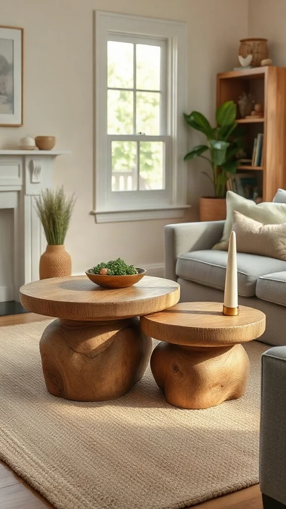 Organic pebble-shaped oak nesting coffee tables on a textured rug. - Cozy Cottage Sitting