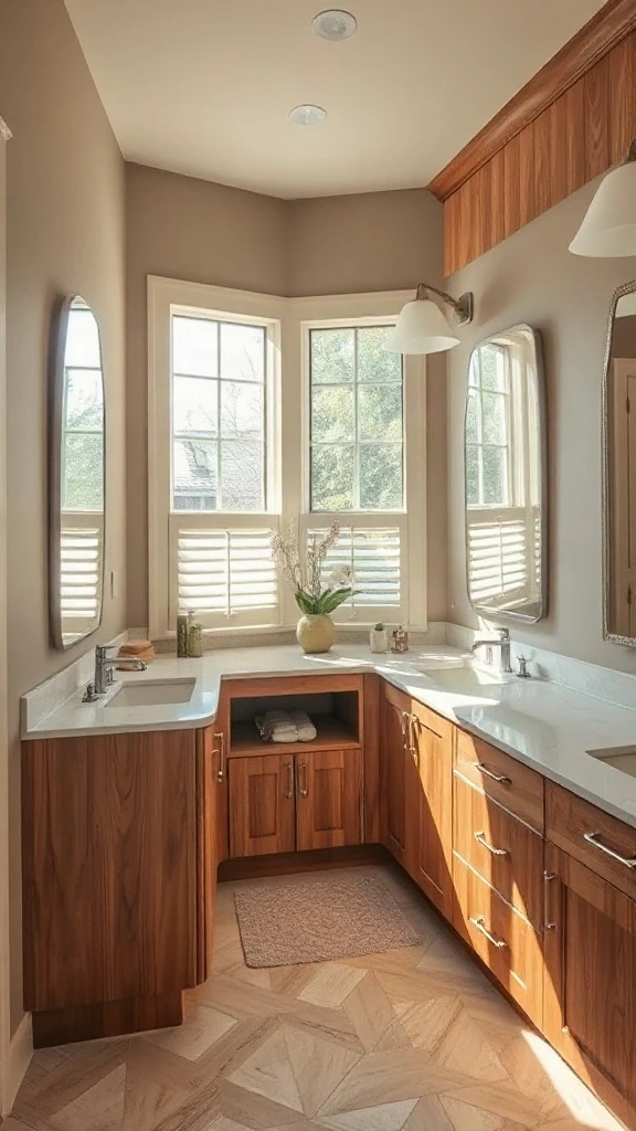 Master bathroom layout with dual vanities wrapping around an L-shaped corner in fluted oak. - Master Bathroom Layouts