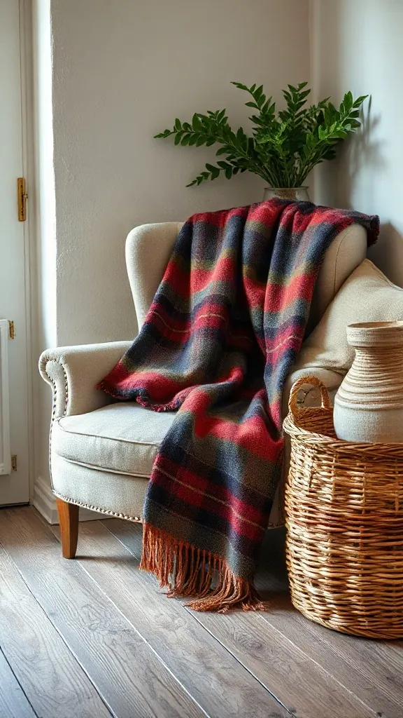 Tartan wool throw blanket draped over an armchair in a cozy cottage lounge. - Cozy Cottage Sitting