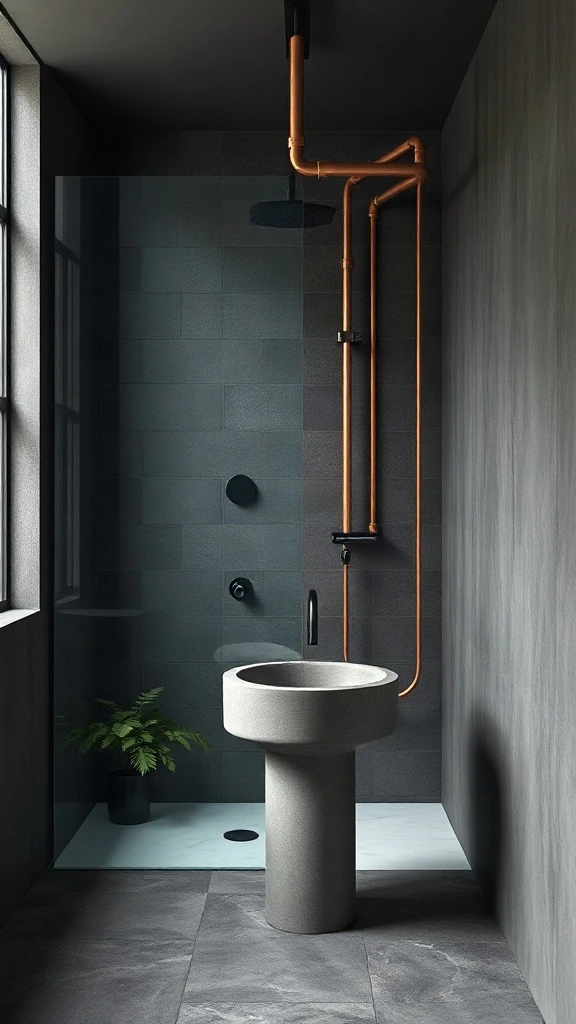Planner 5D Interior Designer Moody industrial bathroom with crittall glass and copper pipes rendered in online bath design tool