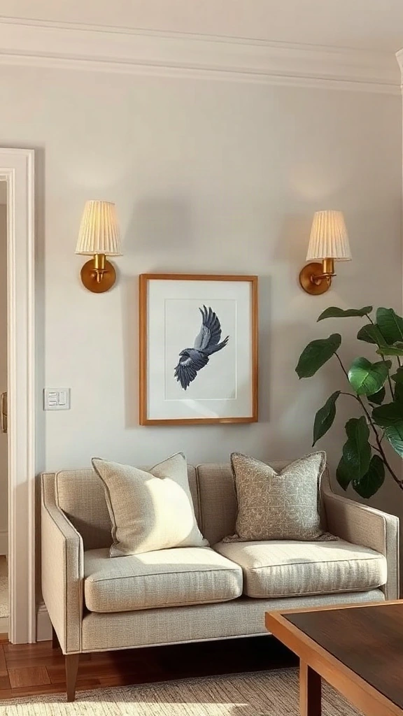 Pair of pleated linen wall sconces with brass arms flanking a small loveseat. - Cozy Cottage Sitting