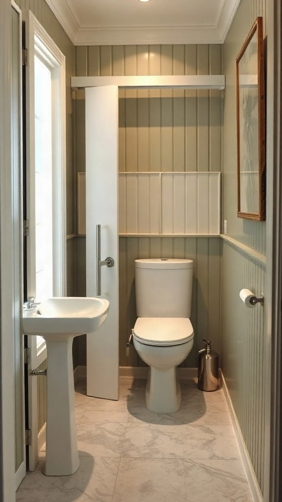 Compact powder room toilet layout featuring a white sliding pocket door and space-saving fixtures. - Modern Water Closet Floor Plan Layout - Modern Toilet Floor Plan Layout - Toilet & Water Closet Floor Plan Layout - Small Toilet Andamp; Water Closet Floor Plan Layout Ideas