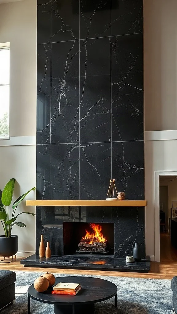Two story fireplace ideas showing glossy black Venetian stucco and a floating brass mantel.