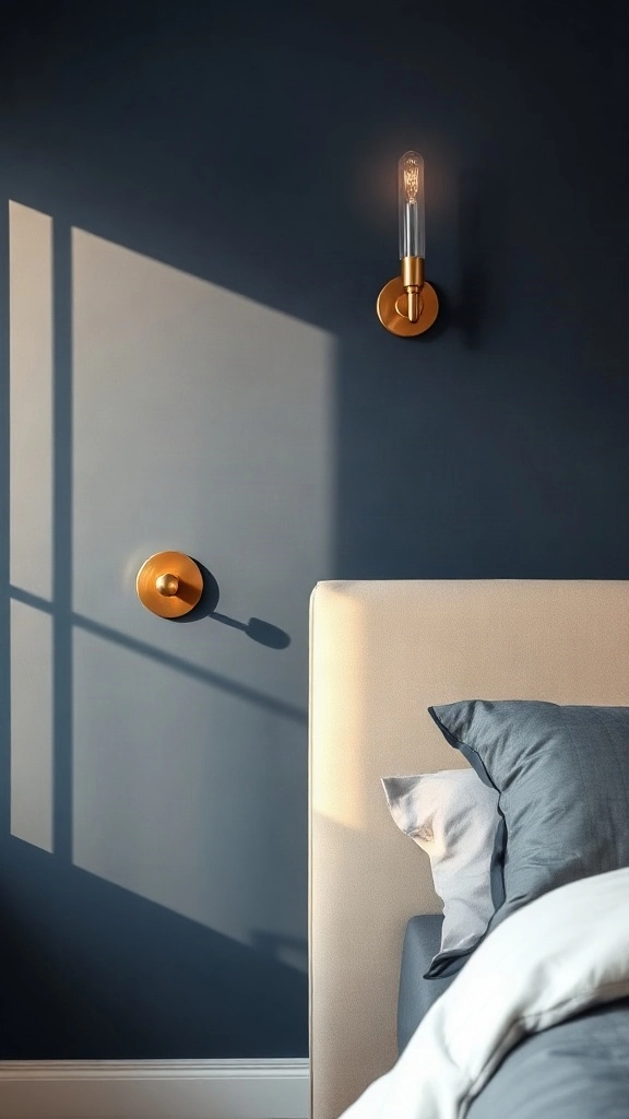 Polished copper wall sconces mounted on deep matte navy accent wall beside a plush bed - Navy Blue Bedroom