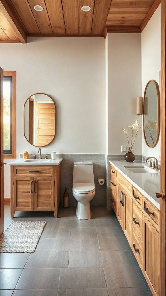 Master bathroom toilet layout screened by a low tiled pony wall next to a white oak vanity. - Modern Water Closet Floor Plan Layout - Modern Toilet Floor Plan Layout - Small Toilet Andamp; Water Closet Floor Plan Layout Ideas