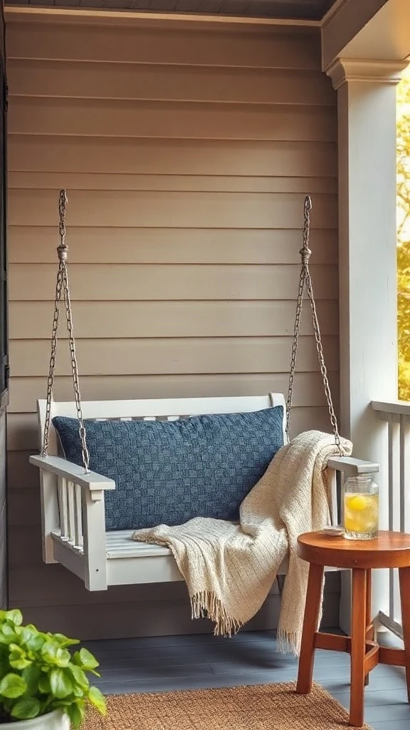 A cozy light grey wooden hanging porch swing styled with a navy cushion and cream throw blanket.