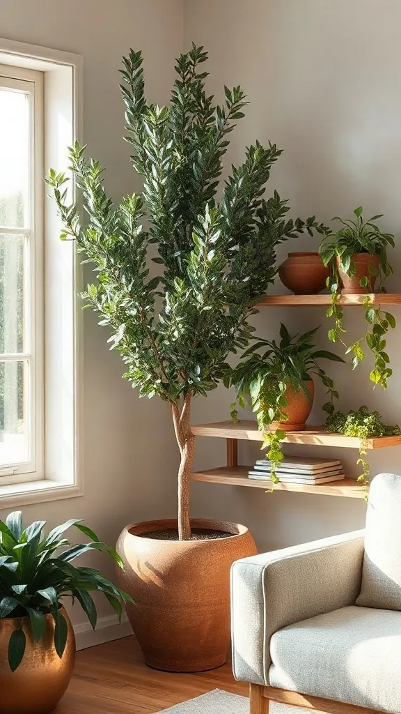 Tall potted indoor olive tree in an earthy ceramic vessel positioned in a sunny living room corner. - Inviting Home Design