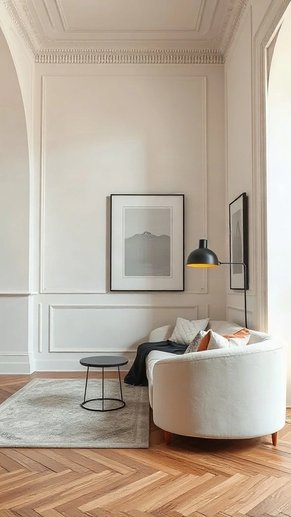 Apartment interior showcasing tall pre-war ceilings and clean picture frame wall moulding.