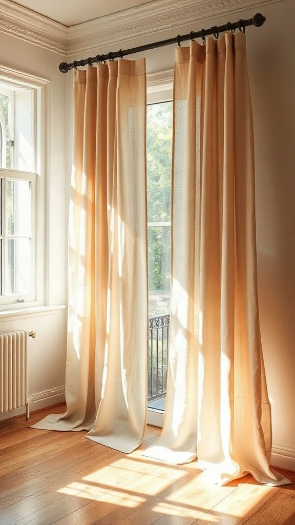 Floor-to-ceiling oatmeal linen curtains puddling gently onto light oak wood floors. - Inviting Home Design