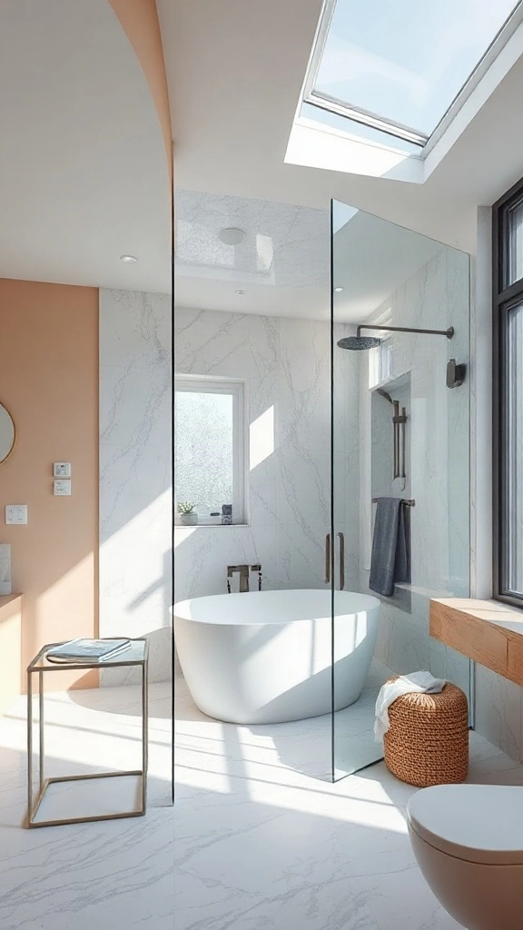 Quick3D Bath Layout Creator Drag-and-drop 3D bathroom layout with skylights and glass shower in online bath design tool