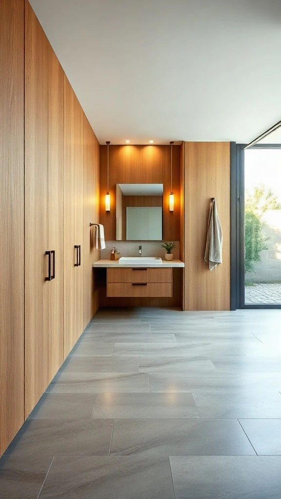 Flush recessed oak storage cabinetry along a rectangular master bathroom layout corridor.