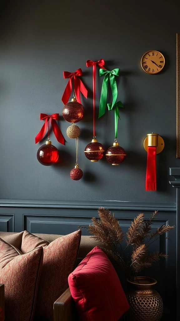 Dark charcoal living room accent wall styled with traditional red green and gold christmas balls