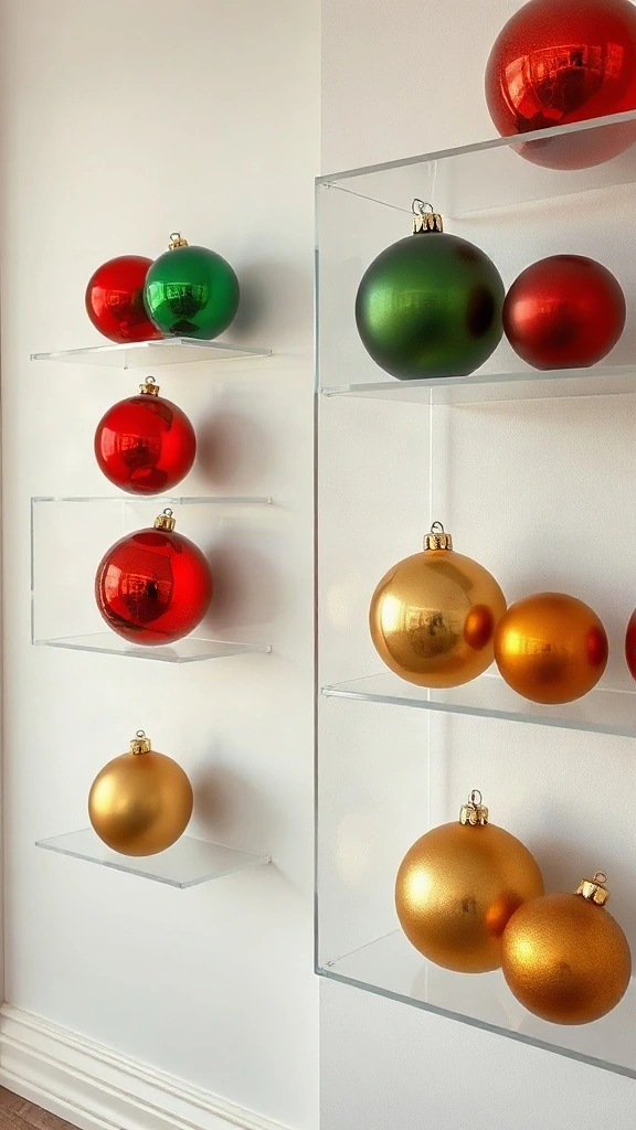 Transparent acrylic wall shelves holding staggered red green and gold christmas balls