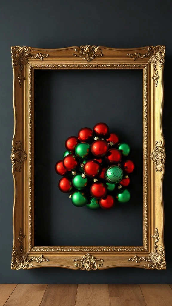 Ornate antique gold empty picture frame framing 3D red green and gold christmas balls