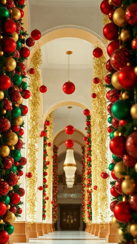 Grand architectural archway framed by cascading vertical strands of red green and gold christmas balls