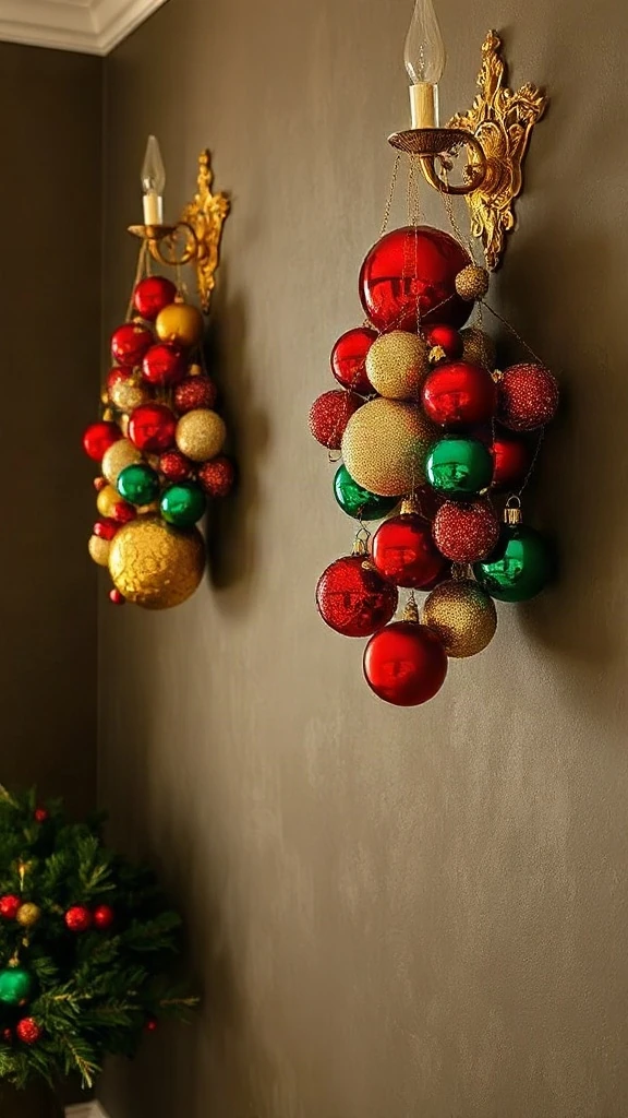 Antiqued brass wall sconces overflowing with red green and gold christmas balls