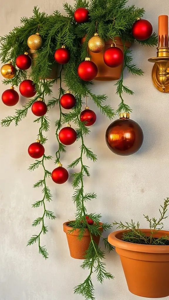 Aged terracotta wall planters with trailing cedar vines and red green and gold christmas balls