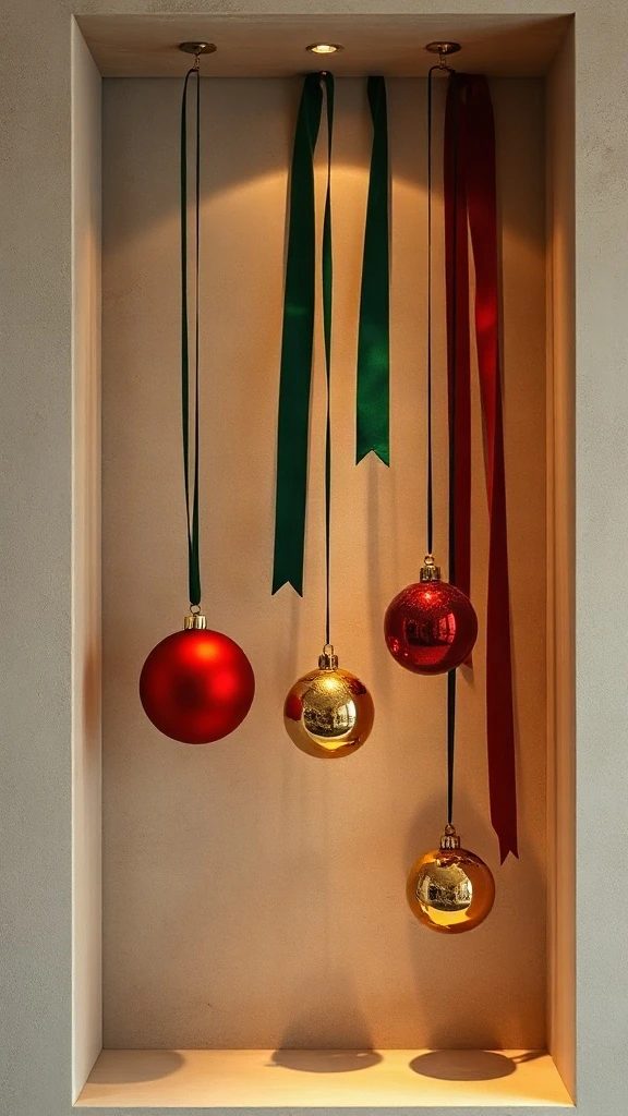 Warm plaster wall niche illuminated by cove lighting showcasing red green and gold christmas balls