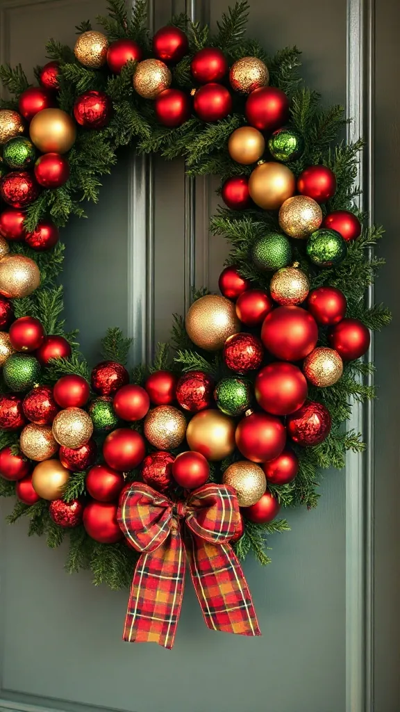 Front door noble fir wreath densely clustered with red green and gold christmas balls