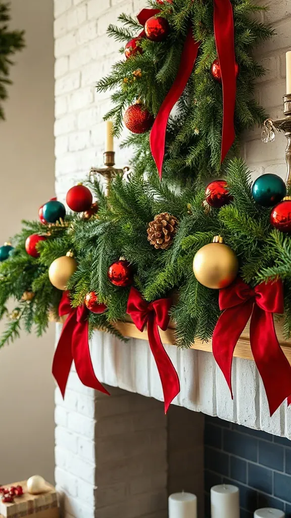 Traditional evergreen fireplace mantel swag featuring red green and gold christmas balls