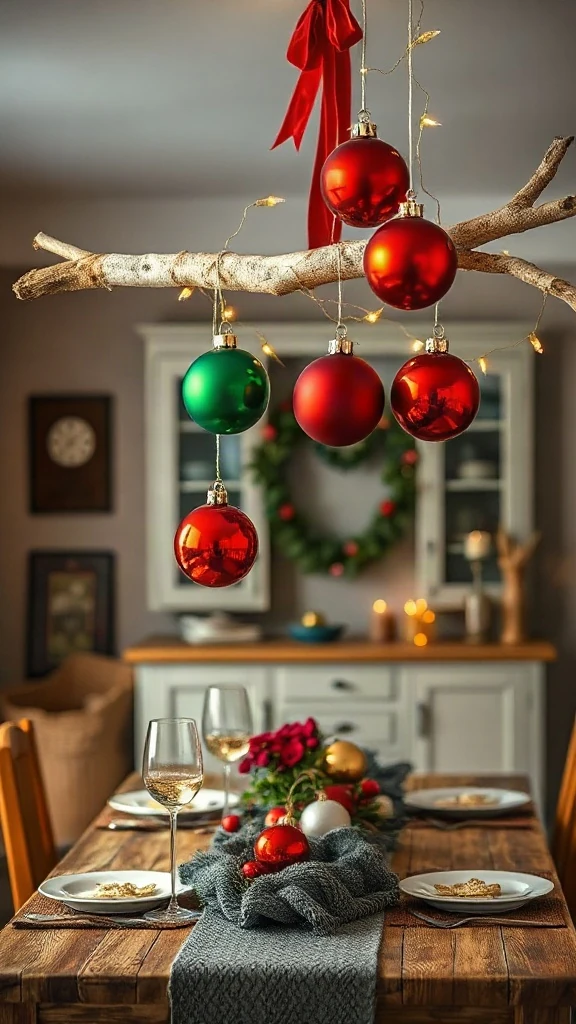 Hanging weathered birch branch over dining table adorned with red green and gold christmas balls