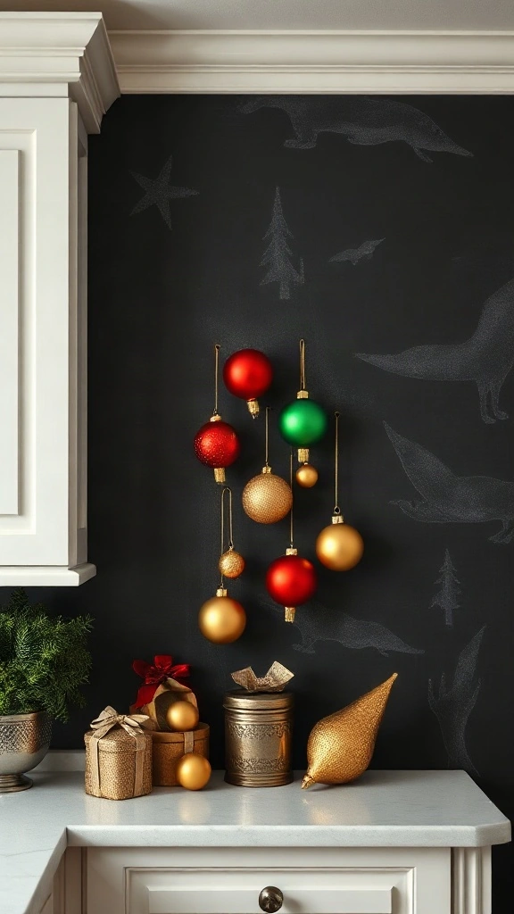 Black magnetic kitchen chalkboard wall styled with red green and gold christmas balls