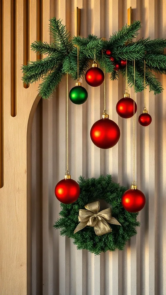Fluted wood decor and red green and gold christmas balls hanging against a limewash arch