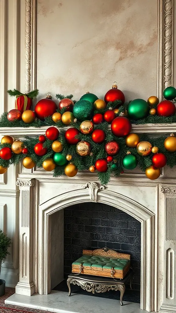 Carved limestone fireplace mantel draped with scalloped red green and gold christmas ball garland