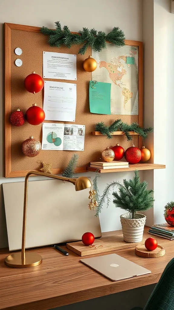 Chic office holiday decor with red green and gold christmas balls on a floating shelf