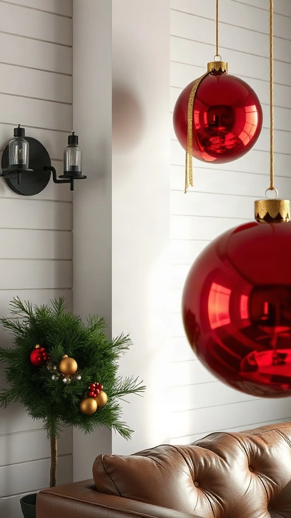 Oversized giant red green and gold christmas balls mounted on white shiplap walls