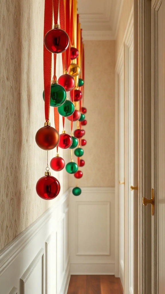 Vertical satin ribbon strands holding red green and gold christmas balls on hallway wainscoting