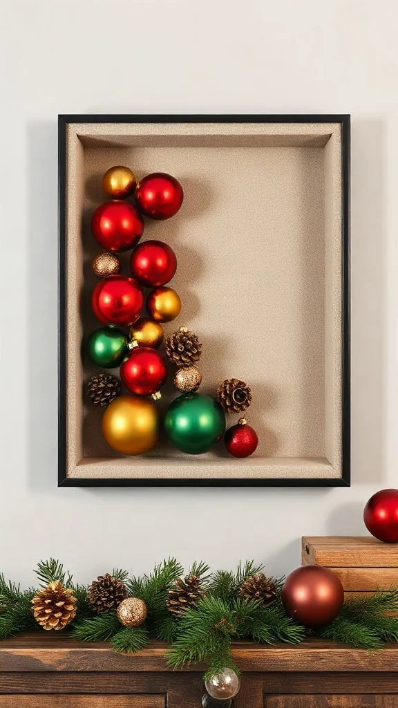 Deep shadow box frame gallery wall displaying red green and gold christmas balls