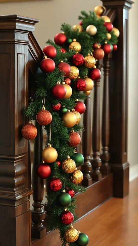 Dark wood staircase handrail cascading with burgundy olive and gold christmas balls