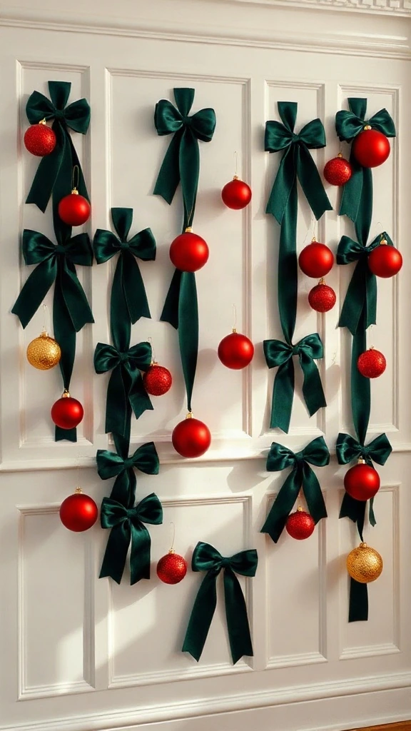Emerald velvet ribbon geometric wall grid dotted with red green and gold christmas balls