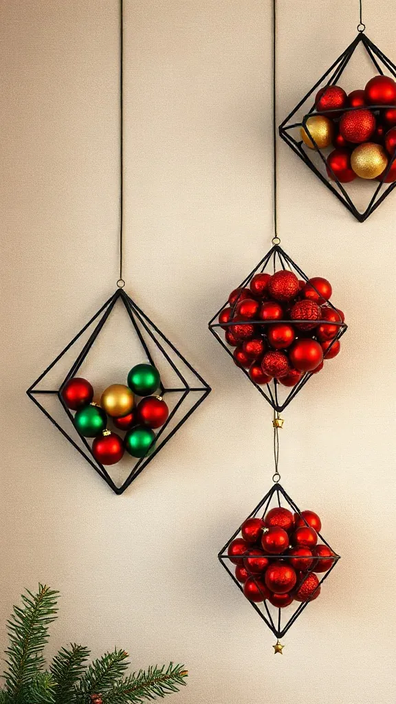 Black geometric wireframe diamond shapes filled with red green and gold christmas balls