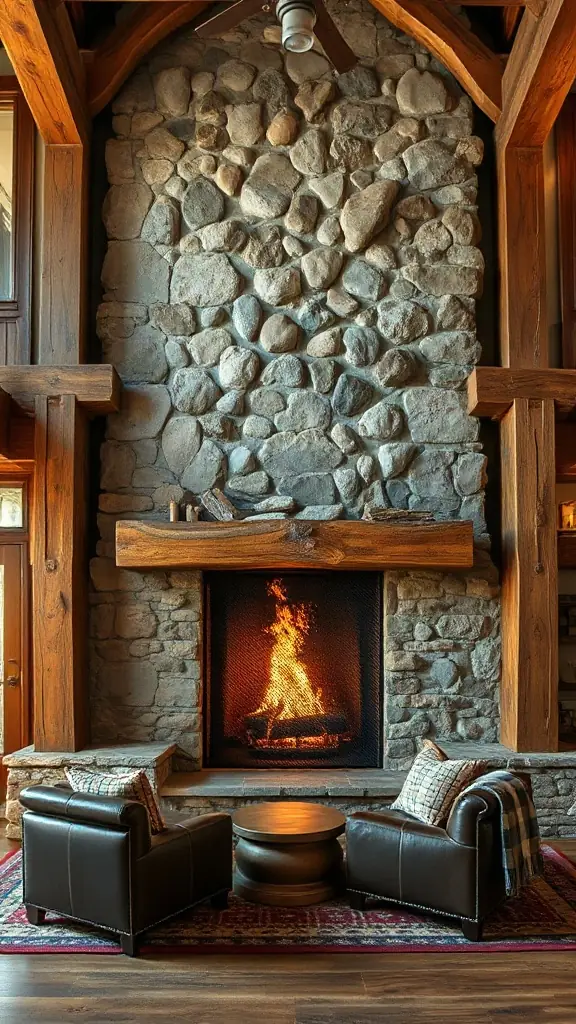 Two story fireplace ideas featuring a rustic river rock stone chimney framed by timber.