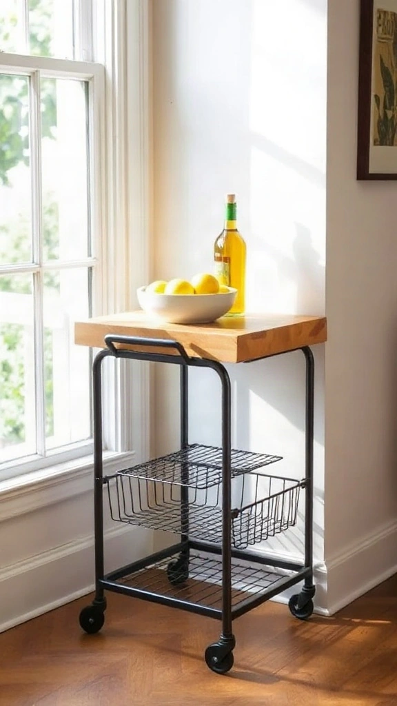 Maple butcher block rolling kitchen cart with black metal frame and wire shelving in a studio apartment. - Studio Apartment Kitchen