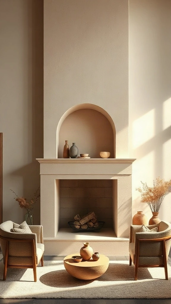 Two story fireplace ideas showcasing a seamless ivory Roman clay plaster chimney.