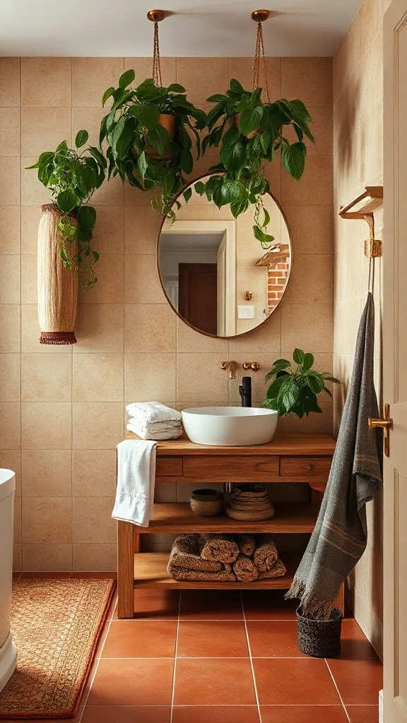 Roomstyler 3D Home Visualizer Bohemian eclectic bathroom with terracotta tiles and reclaimed wood vanity in online bath design tool